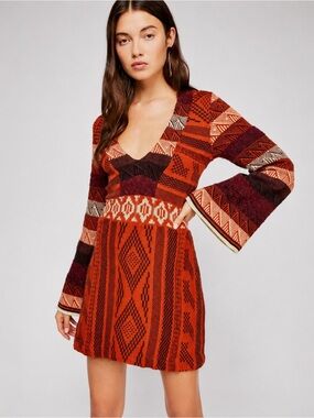 Free People Boho Sweater Dress Aztec Knit Bell Sleeve Tie Waist Size M